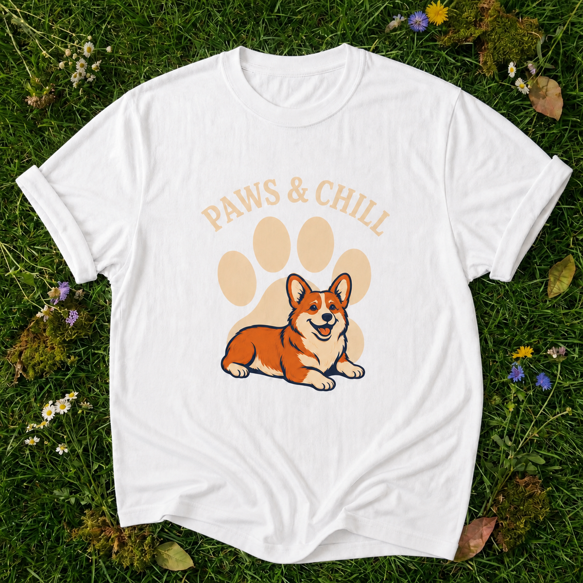 Paws & Chill Corgi T-Shirt in White on grass
