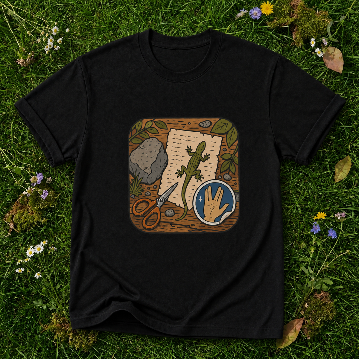Rock Paper Scissor Lizard Spock T-shirt in Black on botanical grass with original garment fold