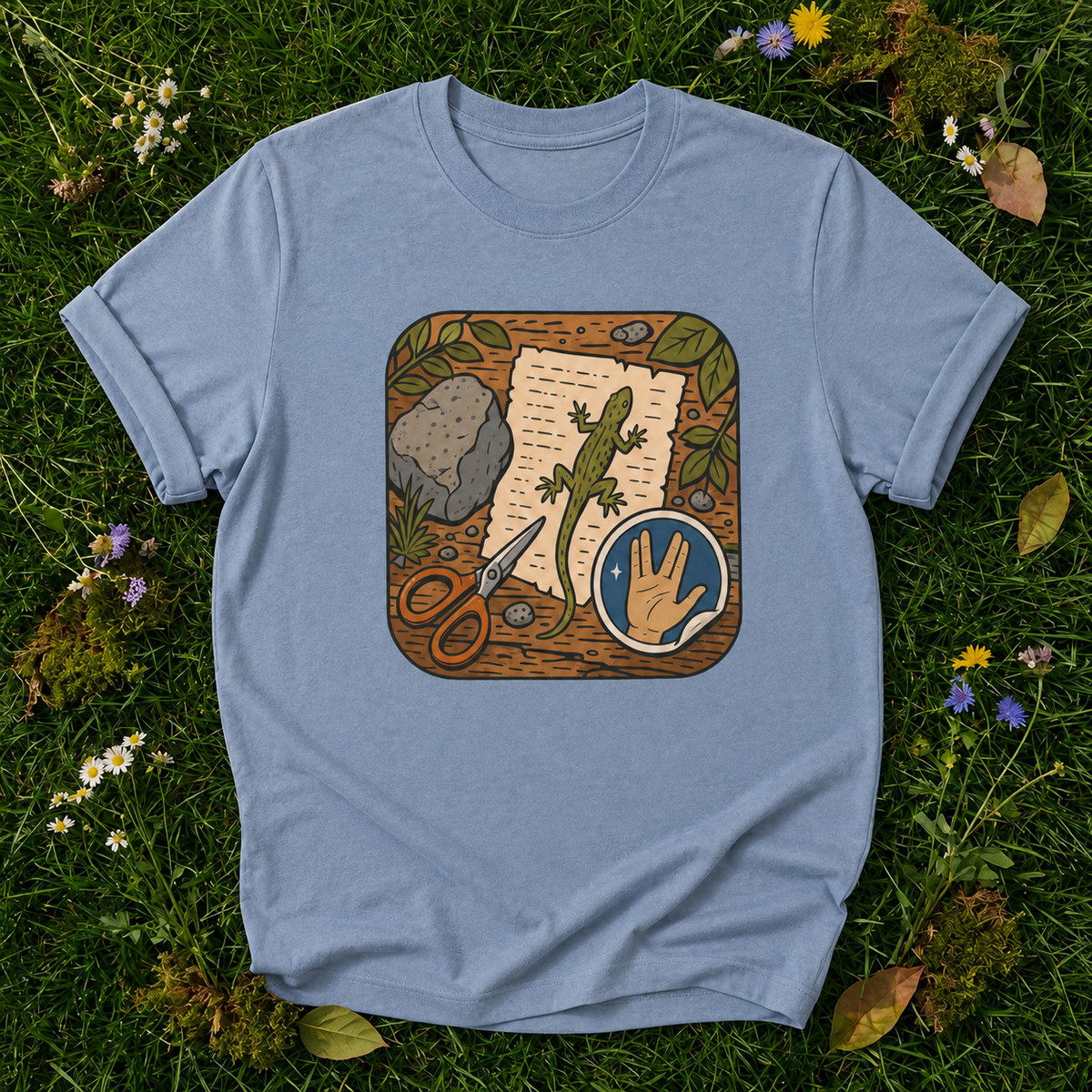 Rock Paper Scissor Lizard Spock T-shirt in Blue Jean on botanical grass with original garment fold