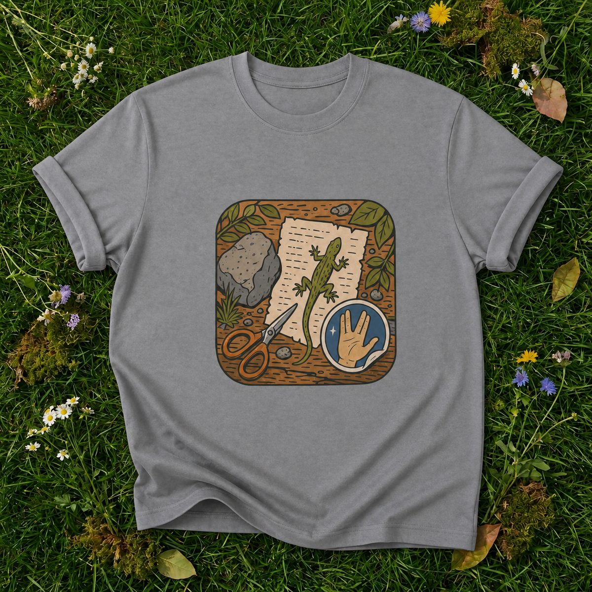 Rock Paper Scissor Lizard Spock T-shirt in Grey on botanical grass with original garment fold