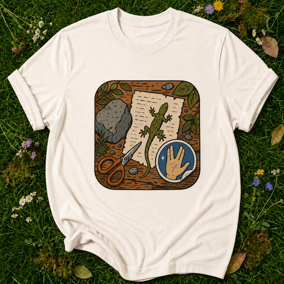 Rock Paper Scissor Lizard Spock T-shirt in Ivory on botanical grass with original garment fold