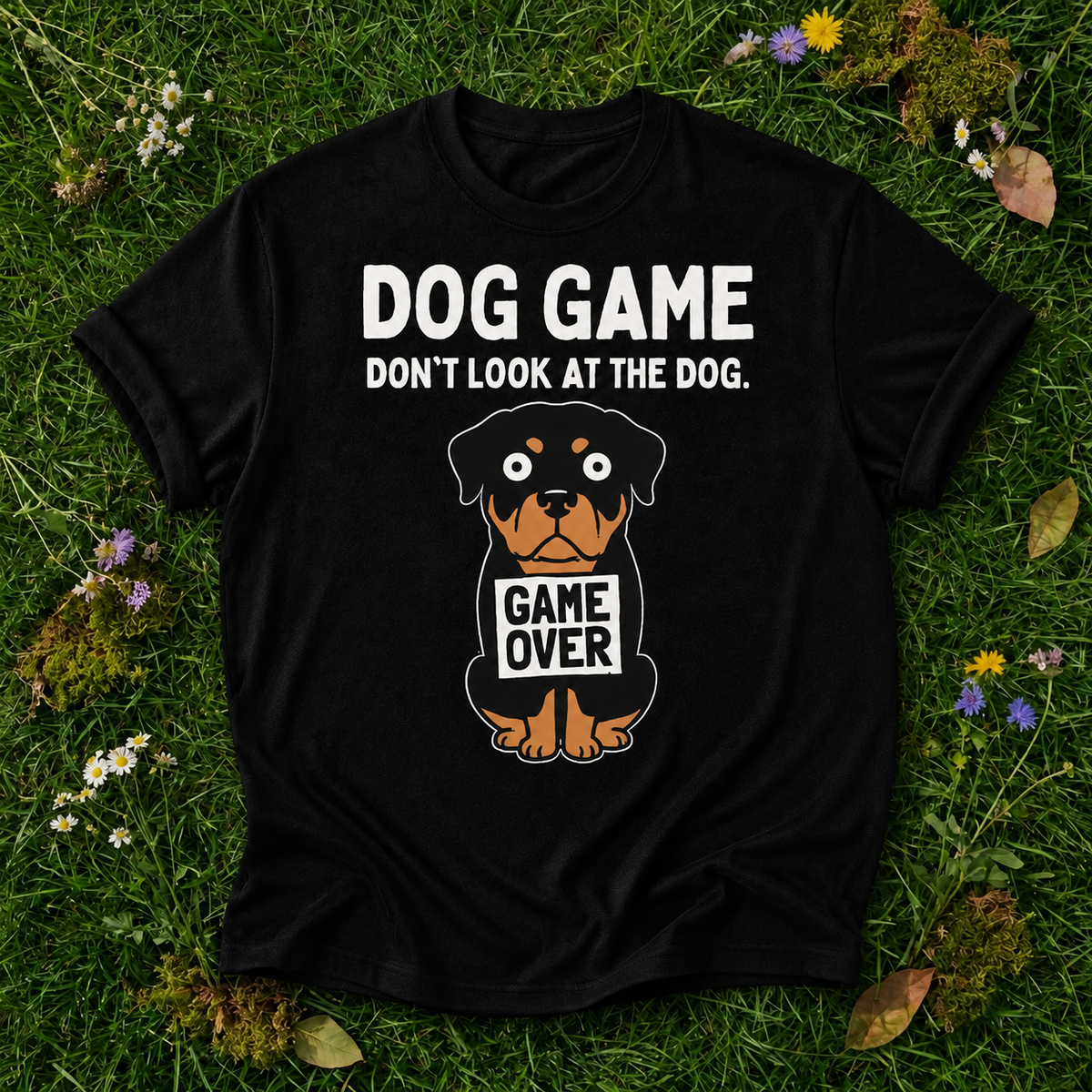 Rottweiler Dog Game T-Shirt in Black on grass