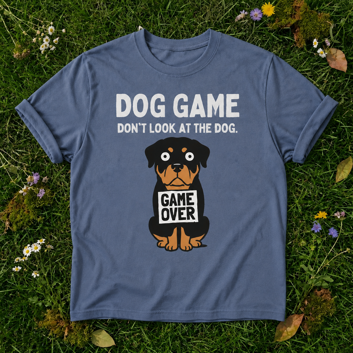 Rottweiler Dog Game T-Shirt in Blue Jean on grass