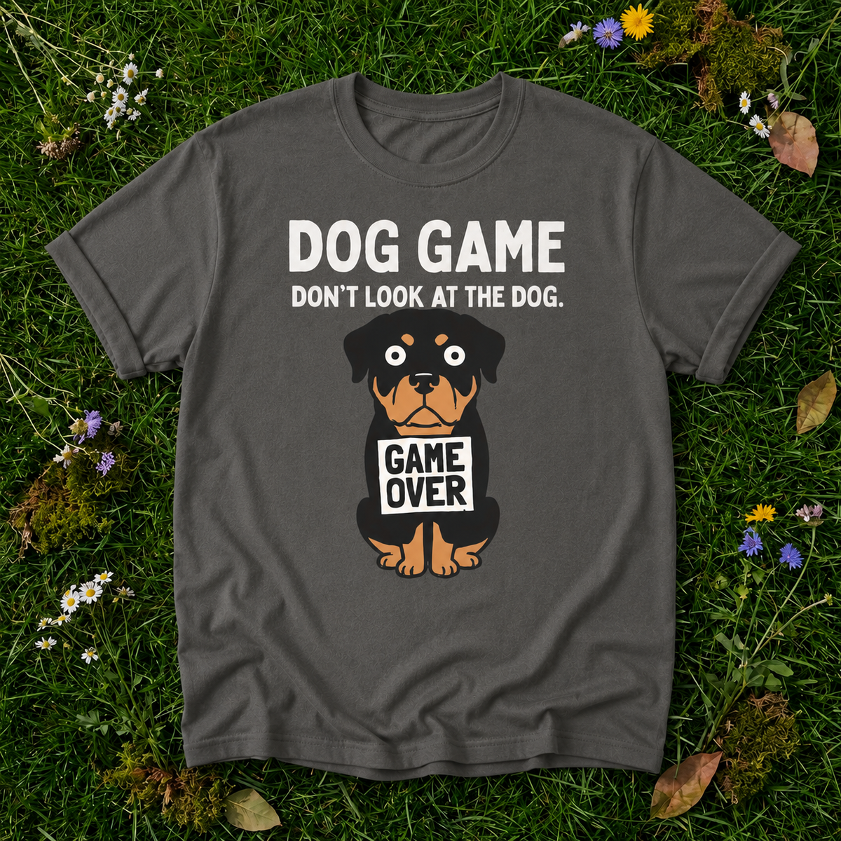 Rottweiler Dog Game T-Shirt in Pepper on grass