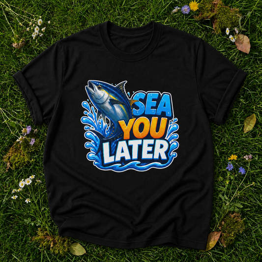 Sea You Later black T-shirt on grass