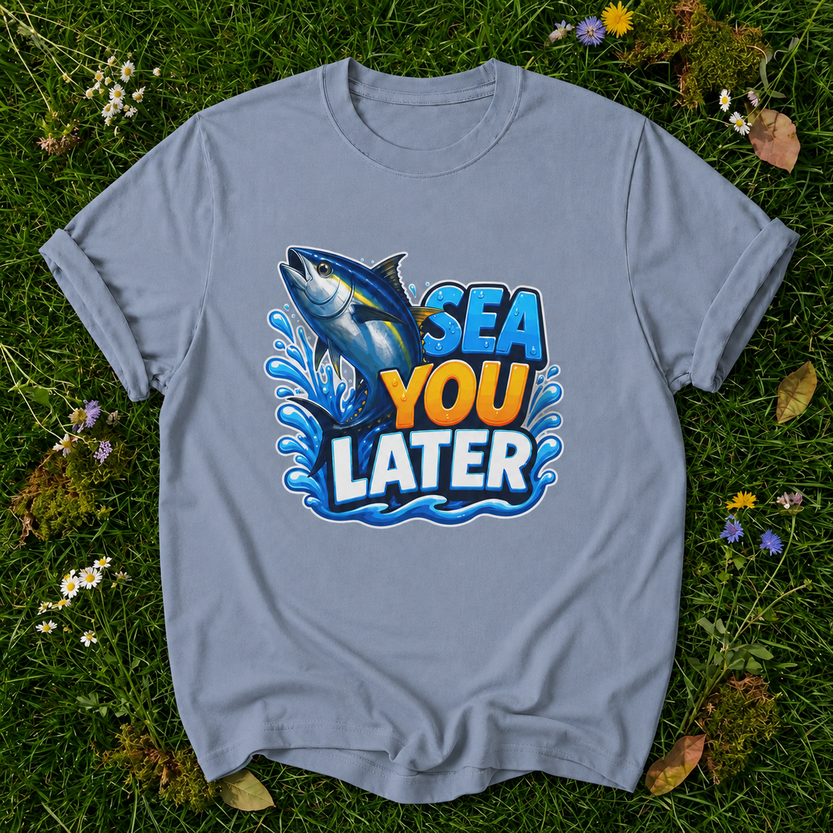 Sea You Later blue jean T-shirt on grass