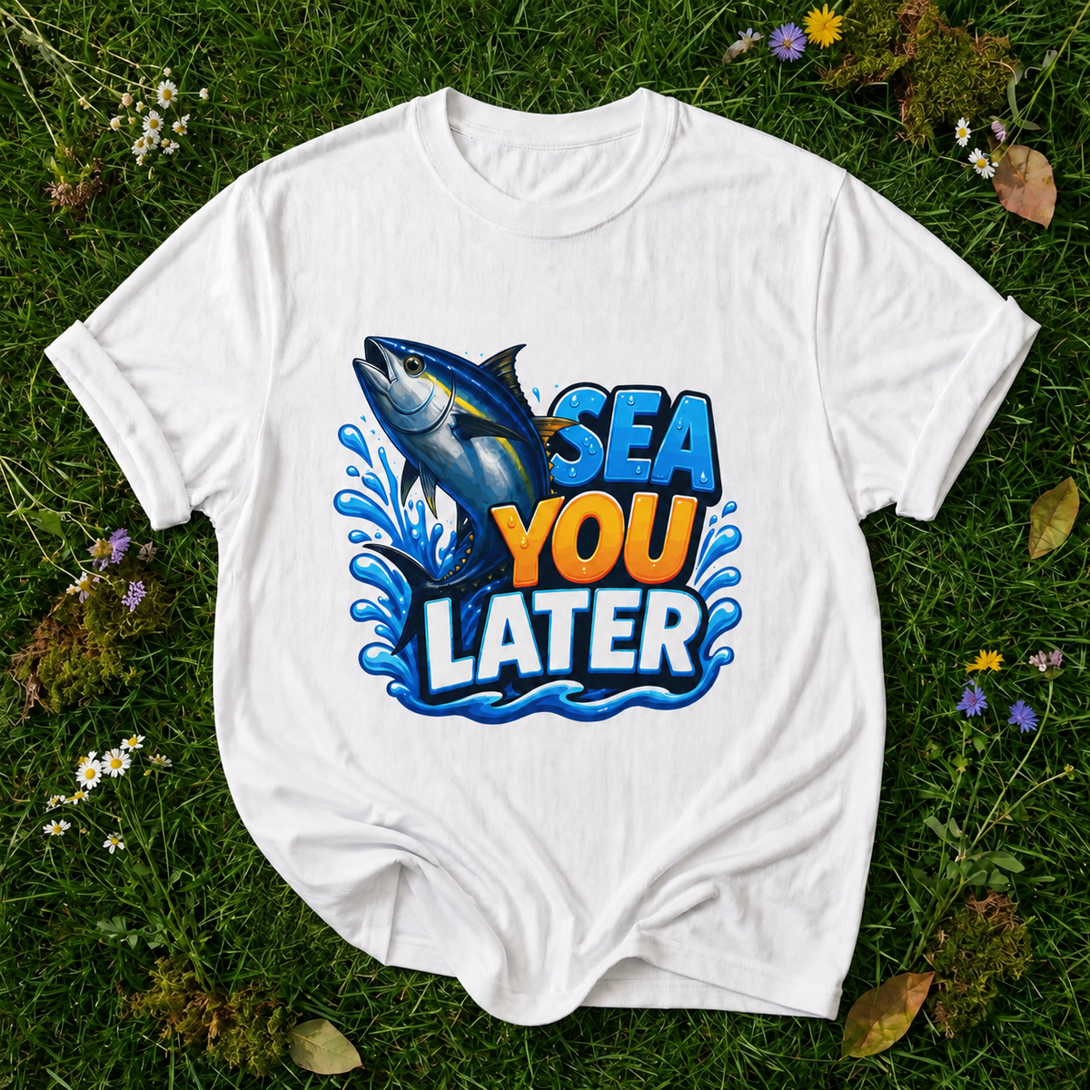 Sea You Later white T-shirt on grass