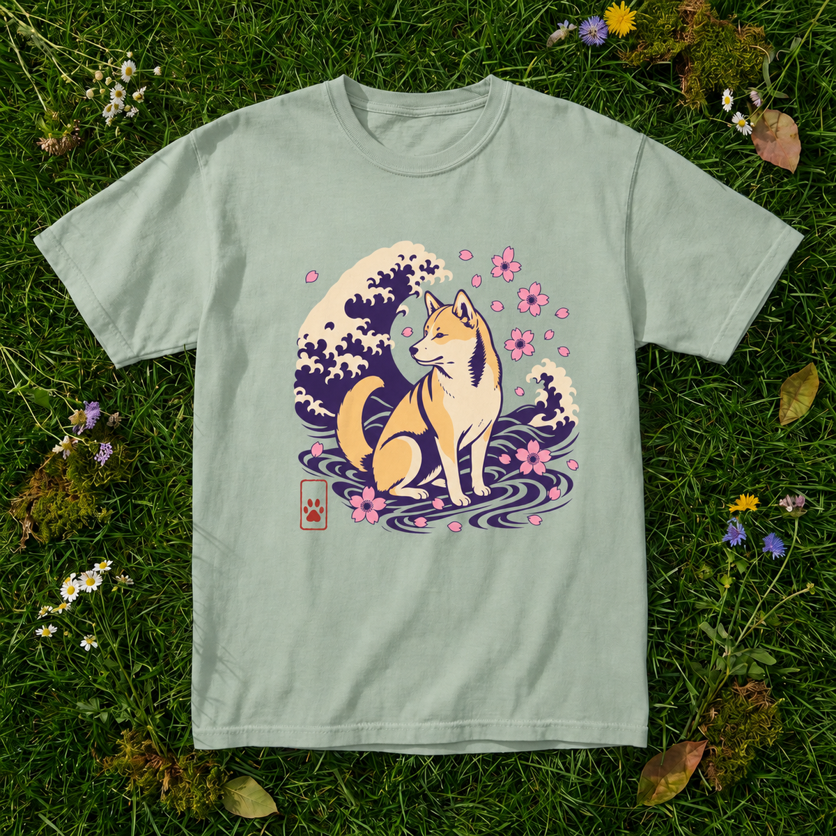 Shiba Inu Wave T-shirt in Bay on grass