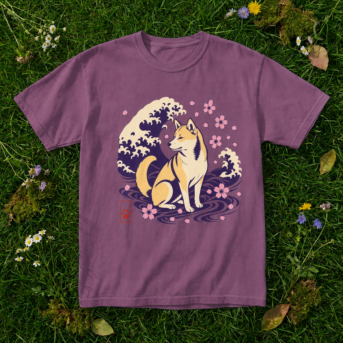 Shiba Inu Wave T-shirt in Berry on grass