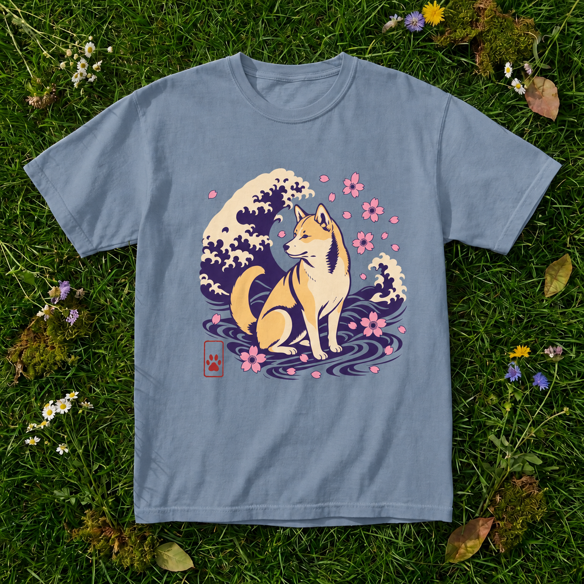 Shiba Inu Wave T-shirt in Blue Jean on grass