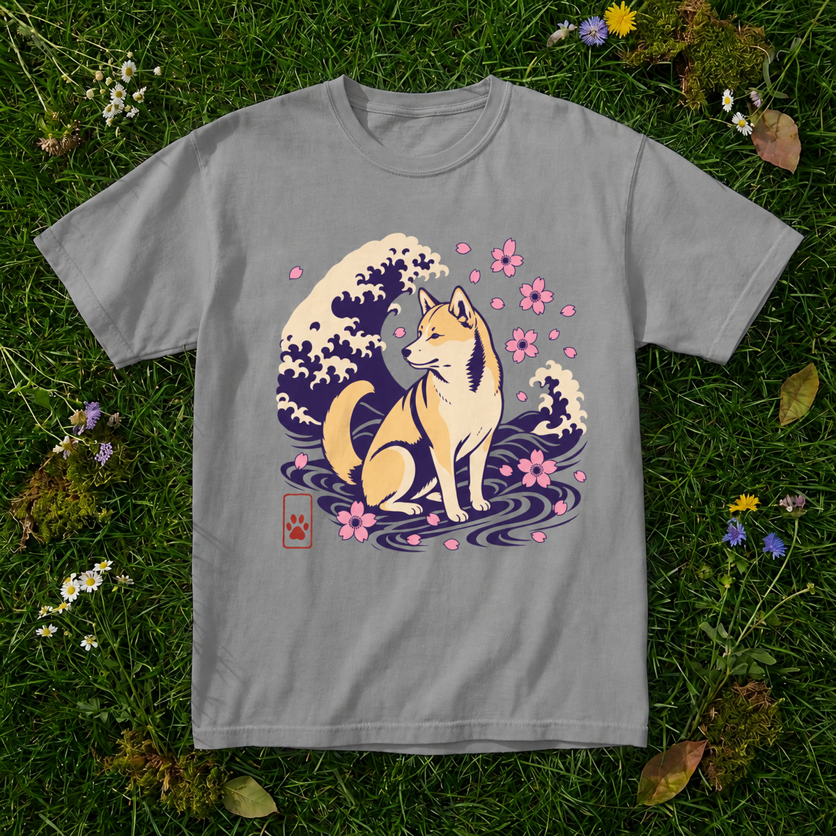 Shiba Inu Wave T-shirt in Grey on grass