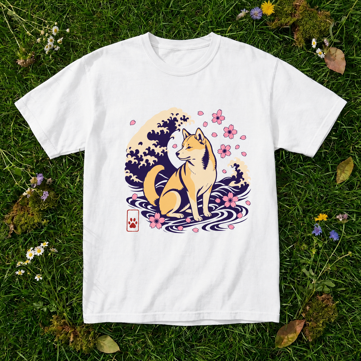 Shiba Inu Wave T-shirt in White on grass